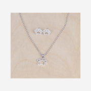 Collier et boucles d'oreilles avec pendentif patte.  Il s'agit d'un collier en argent véritable 925 rhodié et nacre Longueur de la chaine 45 cm.